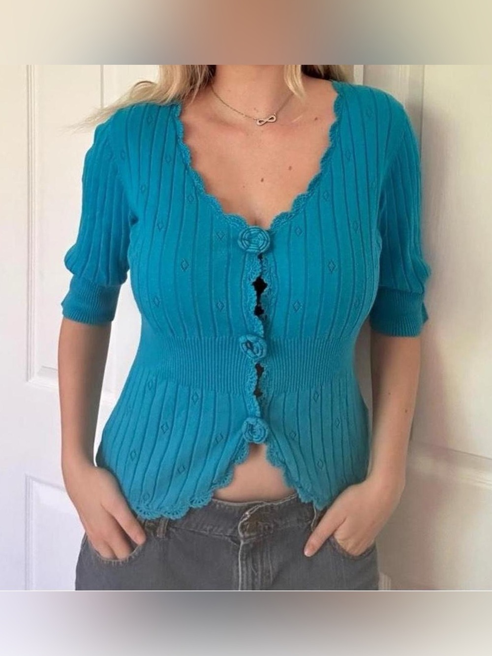 Nine West Turquoise Button Up 3/4th Sleeve Top